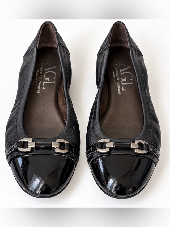 Agl Shoes - AGL Black Ballet Flats Patent Cap Toe Black Leather Pewter Buckle Women Sz 41/10